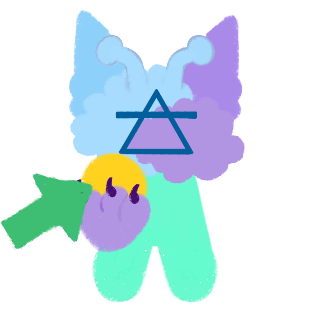 a cloud-like creature that's blue and purple on the face has antenna and ears, and has a teal body, with an alchemical triangle symbol on the face it has a purple paw on the left holding a yellow ball a green arrow is pointing to the ball.